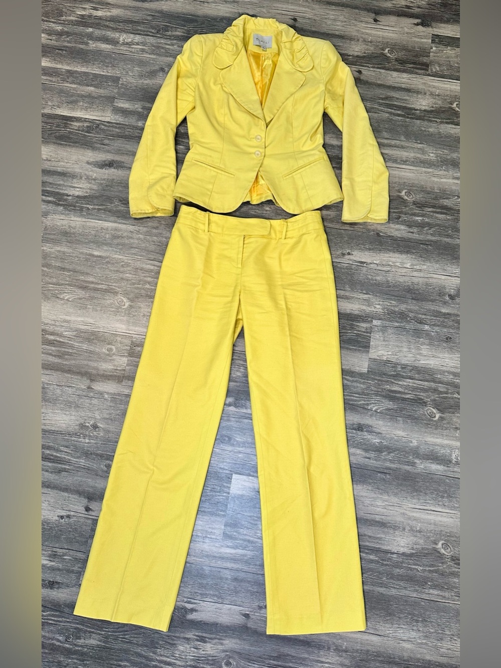 Biacci Yellow Pant Suit Set Women’s Size 4 Career Blazer & Trousers Cotton Blend